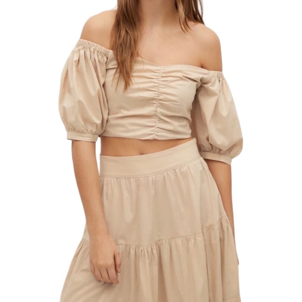 Mango MNG Off Shoulder Crop Top Flared Poplin Skirt Set XS/S New Tan Beige Maxi - Picture 12 of 14